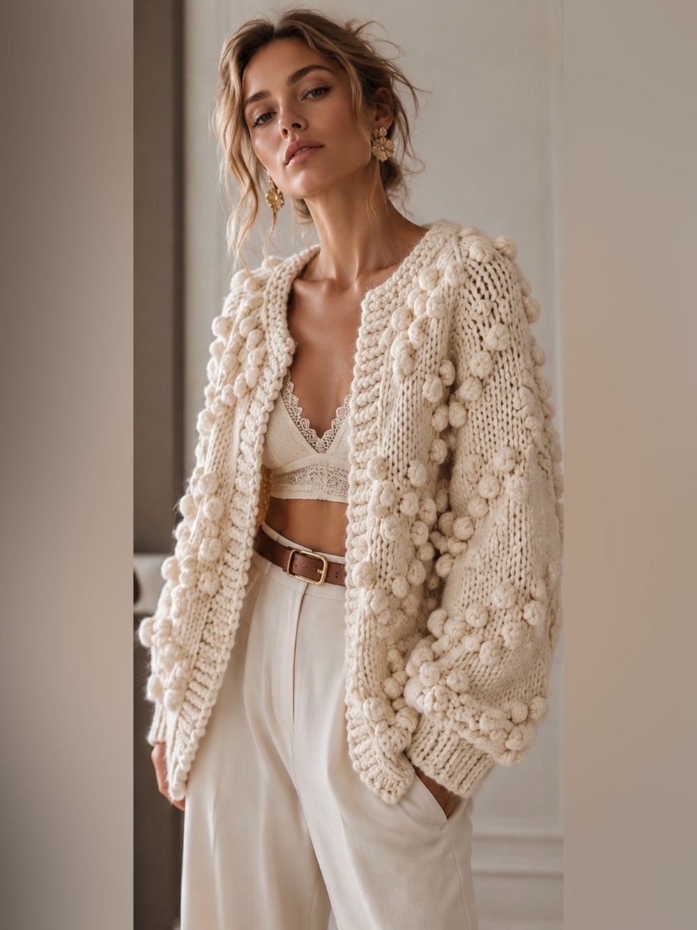 Chicwish Knit Your Love Pom Pom Heart Cardigan Ivory Chunky Knit Wool Blend